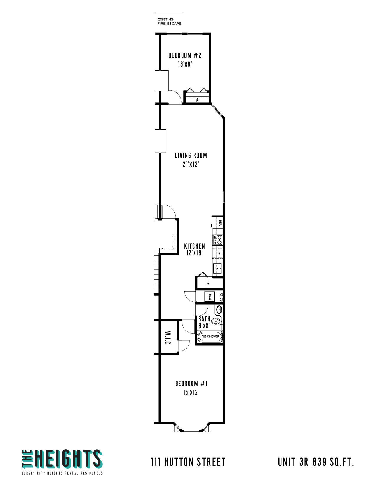 Floor plan for 2 beds, 1 bath, 839 sqft